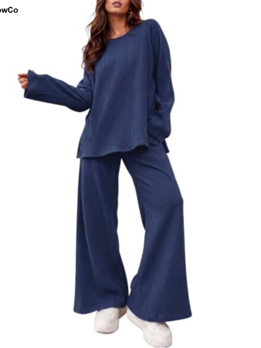 Ribbed Knit 2 Piece Lounge Set Oversized Long Sleeve Top Wide Leg Pants